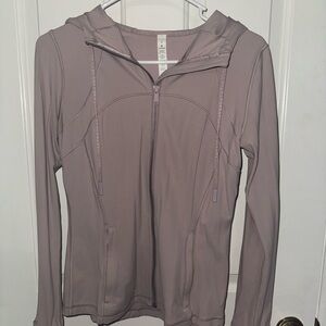 Lululemon Hooded Define Jacket in Nulu fabric in a soft taupe/mauve shade